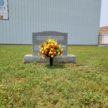 Load image into Gallery viewer, This jumbo cemetery cone has grave flowers including orange and yellow mini mums. It is perfect for a funeral or cemetery decoration.