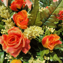 Load image into Gallery viewer, Orange Rose & Calla Lily Memorial Decoration set: includes 1 headstone saddle & 2 cemetery cones