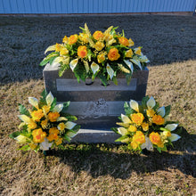 Load image into Gallery viewer, Yellow Rose & Calla Lily Memorial Decoration set: includes 1 headstone saddle & 2 cemetery cones