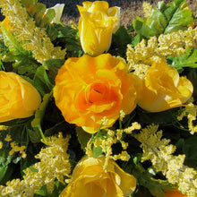 Load image into Gallery viewer, Yellow Rose & Calla Lily Memorial Decoration set: includes 1 headstone saddle & 2 cemetery cones