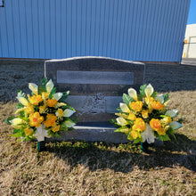 Load image into Gallery viewer, Yellow Rose & Calla Lily Memorial Decoration set: includes 1 headstone saddle & 2 cemetery cones