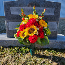 Load image into Gallery viewer, Sunflower memorial decoration with faux floral silk geranium grave flowers for cemetery, funeral, or grave decorations.