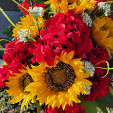 Load image into Gallery viewer, Sunflower memorial decoration with faux floral silk geranium grave flowers for cemetery, funeral, or grave decorations.