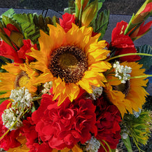 Load image into Gallery viewer, Sunflower memorial decoration with faux floral silk geranium grave flowers for cemetery, funeral, or grave decorations.