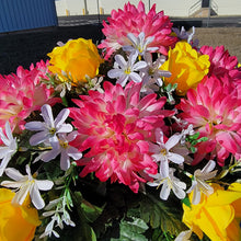 Load image into Gallery viewer, Headstone Saddle with Pink Ball Mums, Yellow Roses, and Cream Larkspur grave flowers for cemetery and memorial decorating.