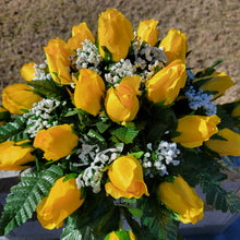 Load image into Gallery viewer, Headstone saddle with yellow rosebud grave flowers. It is a funeral, cemetery, or memorial decoration.
