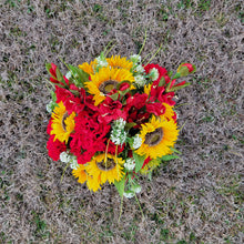 Load image into Gallery viewer, A 360 degree Sunflower memorial decoration grave flowers with faux floral silk geranium flowers for cemetery