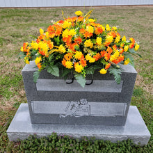 Load image into Gallery viewer, This Large Headstone Saddle has grave flowers including Orange Mix Mini-Mums. It is a funeral or memorial decoration.