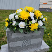 Load image into Gallery viewer, A headstone saddle with cream roses and yellow mum grave flowers for cemetery, funeral, and memorial decorations.