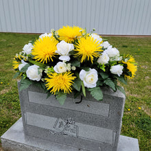 Load image into Gallery viewer, A headstone saddle with cream roses and yellow mum grave flowers for cemetery, funeral, and memorial decorations.