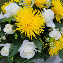 Load image into Gallery viewer, A headstone saddle with cream roses and yellow mum grave flowers for cemetery, funeral, and memorial decorations.