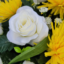 Load image into Gallery viewer, A headstone saddle with cream roses and yellow mum grave flowers for cemetery, funeral, and memorial decorations.
