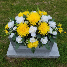 Load image into Gallery viewer, A headstone saddle with cream roses and yellow mum grave flowers for cemetery, funeral, and memorial decorations.