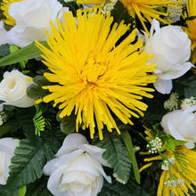 Load image into Gallery viewer, A headstone saddle with cream roses and yellow mum grave flowers for cemetery, funeral, and memorial decorations.
