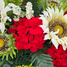 Load image into Gallery viewer, This Headstone Saddle is made with grave flowers including cream sunflowers and red geraniums. It's a memorial decoration.. (Copy)