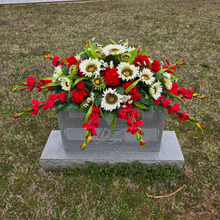 Load image into Gallery viewer, This Headstone Saddle is made with grave flowers including cream sunflowers and red geraniums. It's a memorial decoration.. (Copy)