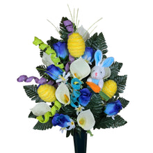 Load image into Gallery viewer, Easter Memorial Decoration Blue Rosebud and Cream Calla Lily with Yellow Easter Eggs, a Blue Bunny, & Jewel Tone Pastel Accents Cemetery Cone (Copy)