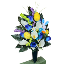 Load image into Gallery viewer, Easter Memorial Decoration Blue Rosebud and Cream Calla Lily with Yellow Easter Eggs, a Blue Bunny, & Jewel Tone Pastel Accents Cemetery Cone (Copy)