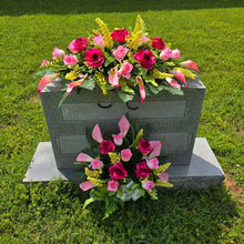 Load image into Gallery viewer, Beauty Pink Rose & Calla Lily Memorial Decoration set: includes 1 headstone saddle & 1 cemetery cone