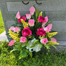 Load image into Gallery viewer, Beauty Pink Rose & Calla Lily Memorial Decoration set: includes 1 headstone saddle & 1 cemetery cone