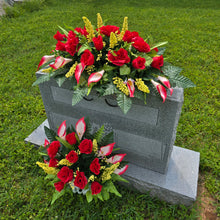 Load image into Gallery viewer, Red Rose & Calla Lily Memorial Decoration set: includes 1 headstone saddle & 1 cemetery cone