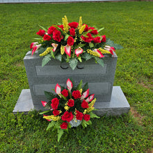 Load image into Gallery viewer, Red Rose & Calla Lily Memorial Decoration set: includes 1 headstone saddle & 1 cemetery cone