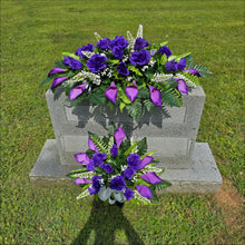 Load image into Gallery viewer, Purple Rose & Calla Lily Memorial Decoration set: includes 1 headstone saddle & 1 cemetery cone