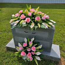 Load image into Gallery viewer, Cream Pink Rose & Calla Lily Memorial Decoration set: includes 1 headstone saddle & 1 cemetery cone