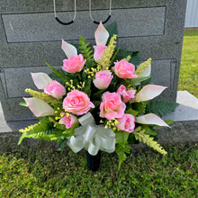Load image into Gallery viewer, Cream Pink Rose & Calla Lily Memorial Decoration set: includes 1 headstone saddle & 1 cemetery cone