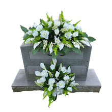 Load image into Gallery viewer, This headstone saddle and single cemetery cone set has silk grave flowers including Cream Calla Lilies and Roses
