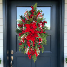Load image into Gallery viewer, Christmas arrangement with poinsettias & berries is a winter front door swag or holiday centerpiece for table or mantle Christmas Decor