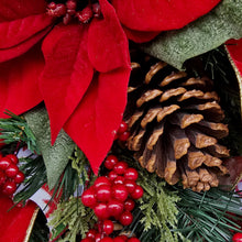 Load image into Gallery viewer, Christmas arrangement with poinsettias & berries is a winter front door swag or holiday centerpiece for table or mantle Christmas Decor