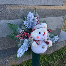 Load image into Gallery viewer, This cemetery cone comes with a cute smiling snowman, red berries, and a stocking cap. It is a Christmas memorial decoration.