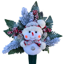 Load image into Gallery viewer, This cemetery cone comes with a cute smiling snowman, red berries, and a stocking cap. It is a Christmas memorial decoration.