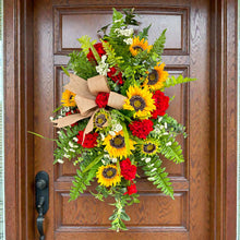 Load image into Gallery viewer, Sunflower Geranium Front Door Swag, Handmade Floral Teardrop