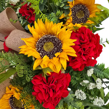 Load image into Gallery viewer, Sunflower Geranium Front Door Swag, Handmade Floral Teardrop