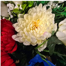 Load image into Gallery viewer, Cemetery Memorial Decoration with Red White and Blue mix of Lilies, Mums, and Rosebud Grave Flowers. A 360-degree funeral arrangement made in a foam insert. (Copy)