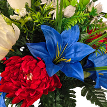 Load image into Gallery viewer, Cemetery Memorial Decoration with Red White and Blue mix of Lilies, Mums, and Rosebud Grave Flowers. A 360-degree funeral arrangement made in a foam insert. (Copy)