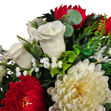 Load image into Gallery viewer, Cemetery Memorial Decoration with Red White and Blue mix of Lilies, Mums, and Rosebud Grave Flowers. A 360-degree funeral arrangement made in a foam insert. (Copy)