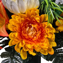 Load image into Gallery viewer, Cemetery Memorial Decoration with Orange Lilies, Mums, and Rosebud Grave Flowers. A 360-degree funeral arrangement made in a foam insert. (Copy)