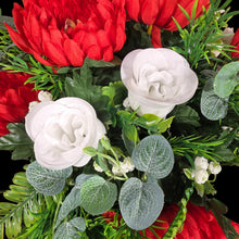 Load image into Gallery viewer, Cemetery Memorial Decoration with Red and White mix of Lilies, Mums, and Rosebud Grave Flowers. A 360-degree funeral arrangement made in a foam insert. (Copy) (Copy)