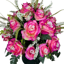 Load image into Gallery viewer, Cemetery Memorial Decoration with Pink Rose & Rosebud Grave Flowers. A 360-degree funeral arrangement made in a foam insert. (Copy)