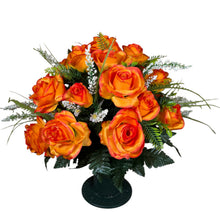 Load image into Gallery viewer, Cemetery Memorial Decoration with Orange Rose & Rosebud Grave Flowers. A 360-degree funeral arrangement made in a foam insert. (Copy) (Copy)