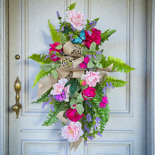 Load image into Gallery viewer, Pink Peony & Purple Filler Spring Front Door Swag with Butterflies, Handmade Faux Floral Teardrop