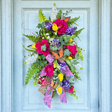 Load image into Gallery viewer, Vibrant Spring Floral Front Door Swag with Butterflies, Handmade Faux Floral Teardrop with peonies, Lilacs, and Tulips