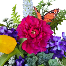 Load image into Gallery viewer, Vibrant Spring Floral Front Door Swag with Butterflies, Handmade Faux Floral Teardrop with peonies, Lilacs, and Tulips