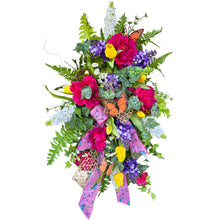 Load image into Gallery viewer, Vibrant Spring Floral Front Door Swag with Butterflies, Handmade Faux Floral Teardrop with peonies, Lilacs, and Tulips