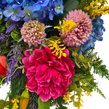 Load image into Gallery viewer, Colorful Front Door Swag or Centerpiece with Pink Peonies, Blue Hydrangeas, Roses & Yellow Tulips