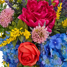 Load image into Gallery viewer, Colorful Front Door Swag or Centerpiece with Pink Peonies, Blue Hydrangeas, Roses & Yellow Tulips