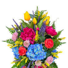 Load image into Gallery viewer, Colorful Front Door Swag or Centerpiece with Pink Peonies, Blue Hydrangeas, Roses & Yellow Tulips